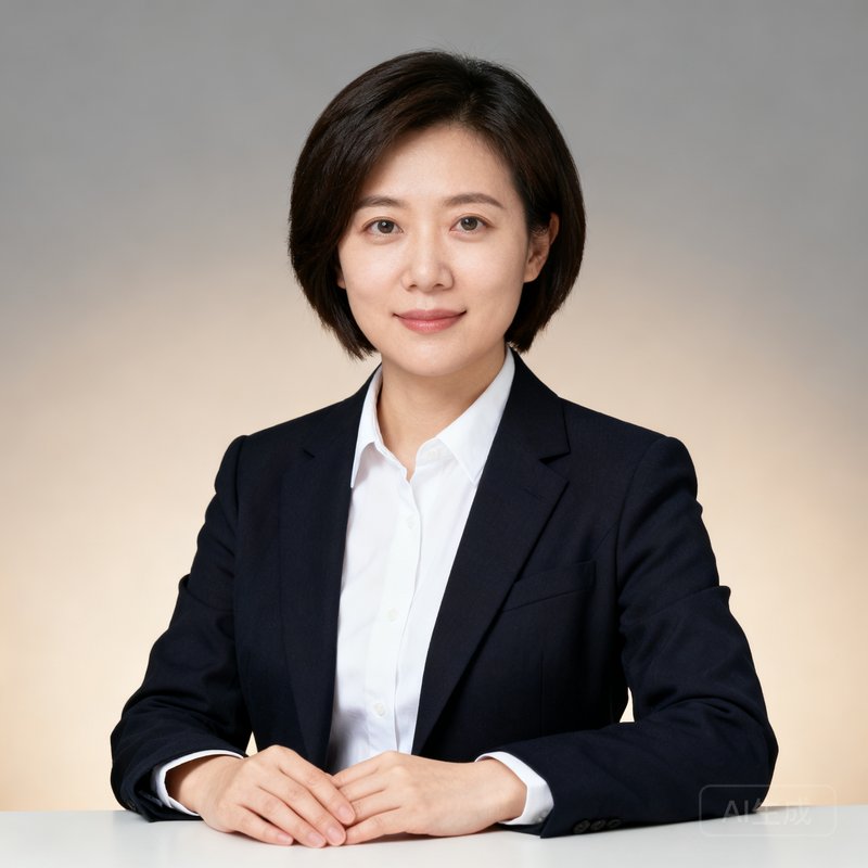 一位约32岁的女性研究主管的专业肖像，留着干练的短发，身着白色衬衫搭配深色西装外套，背景为柔和的米灰色，表情专注而温和，散发着学术气质。
